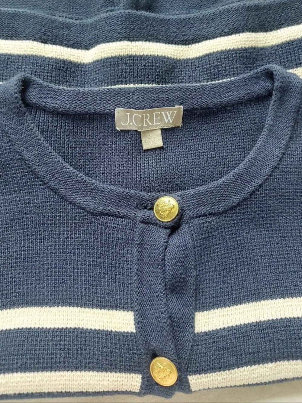 Jcrew Cotton Stripe Emillie Sweater Button Cardigan Large Preppy Classic Pockets